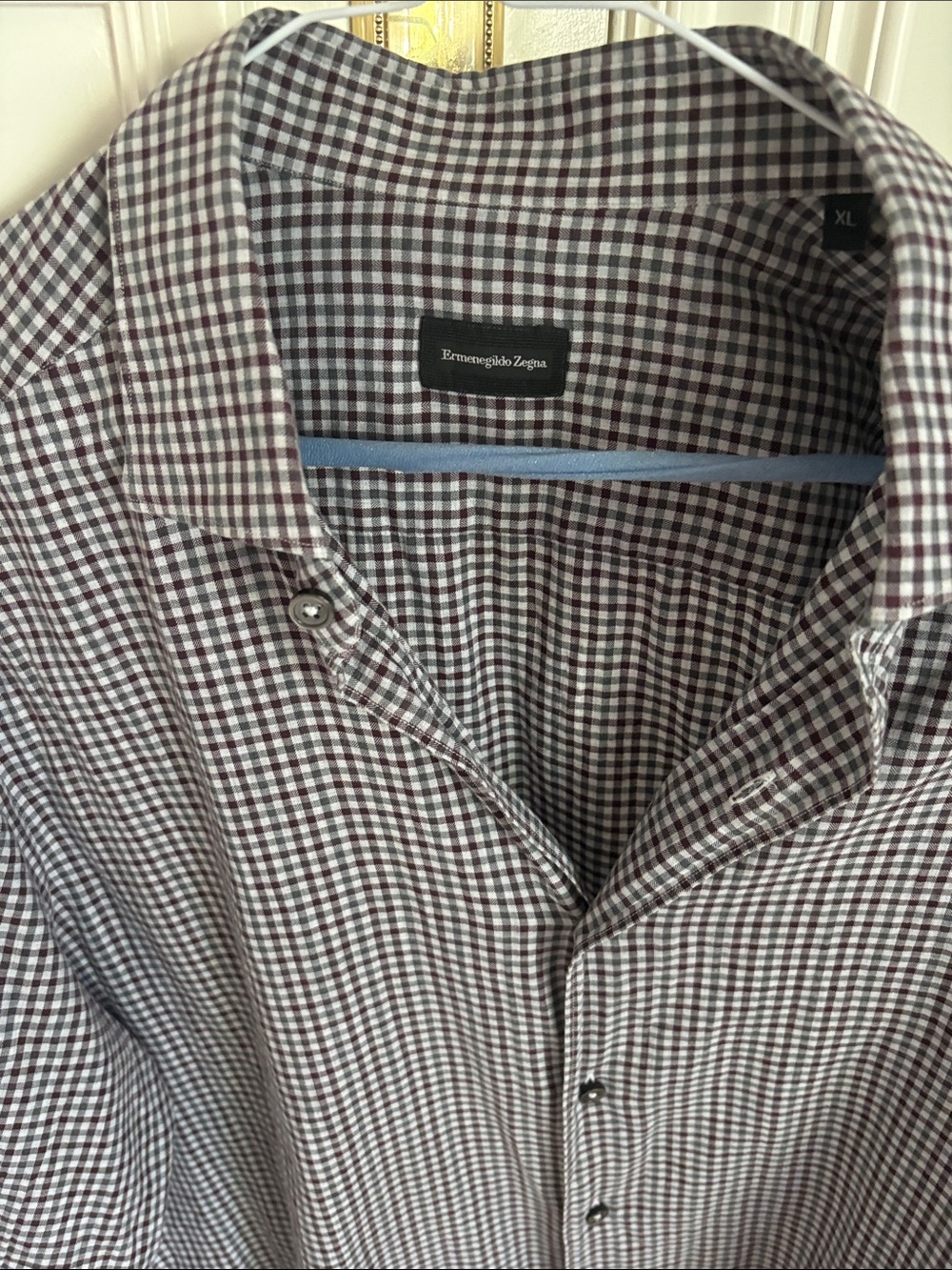 Zegna Mens Burgundy Check Button-Up Shirt L